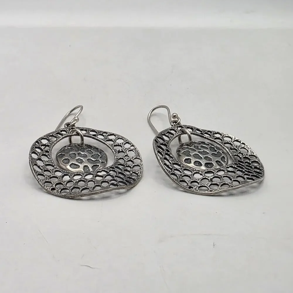 Sterling Silver 925 Oxidized Disc Drop Earrings 2” Artisan Dangle, Statement